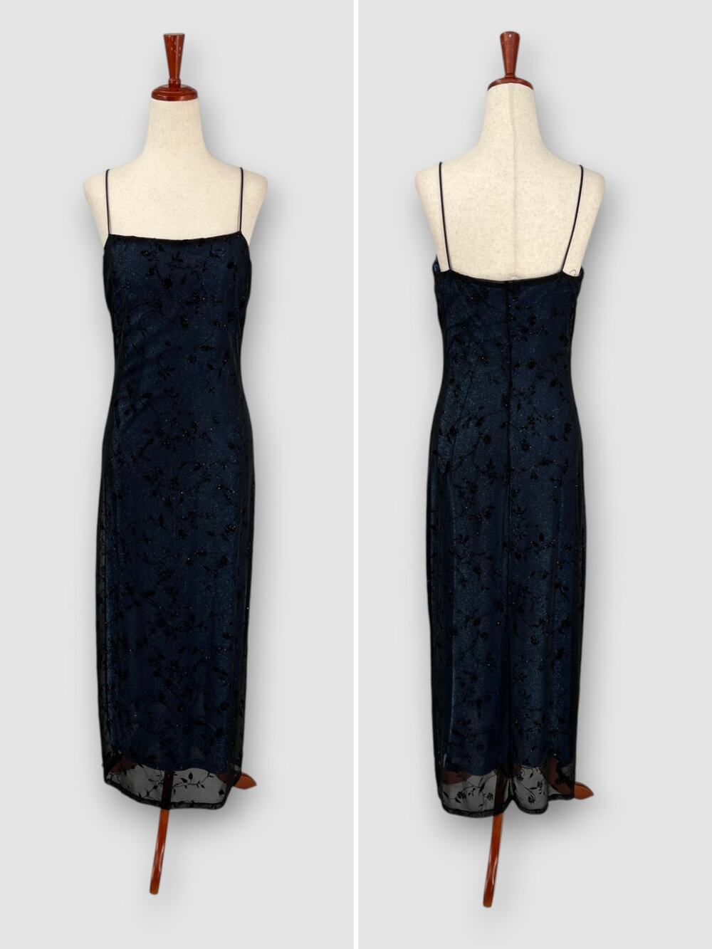 90s Vintage Byer Too! Blue Black Metallic Floral Glitter Maxi Dress Size Medium